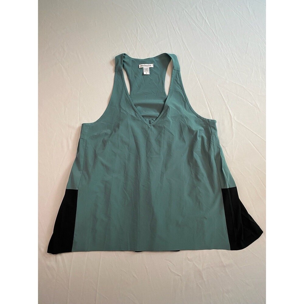 Athleta Swing Forward Pleated Tank Top Womens Size Large Green Black Ruffled EUC